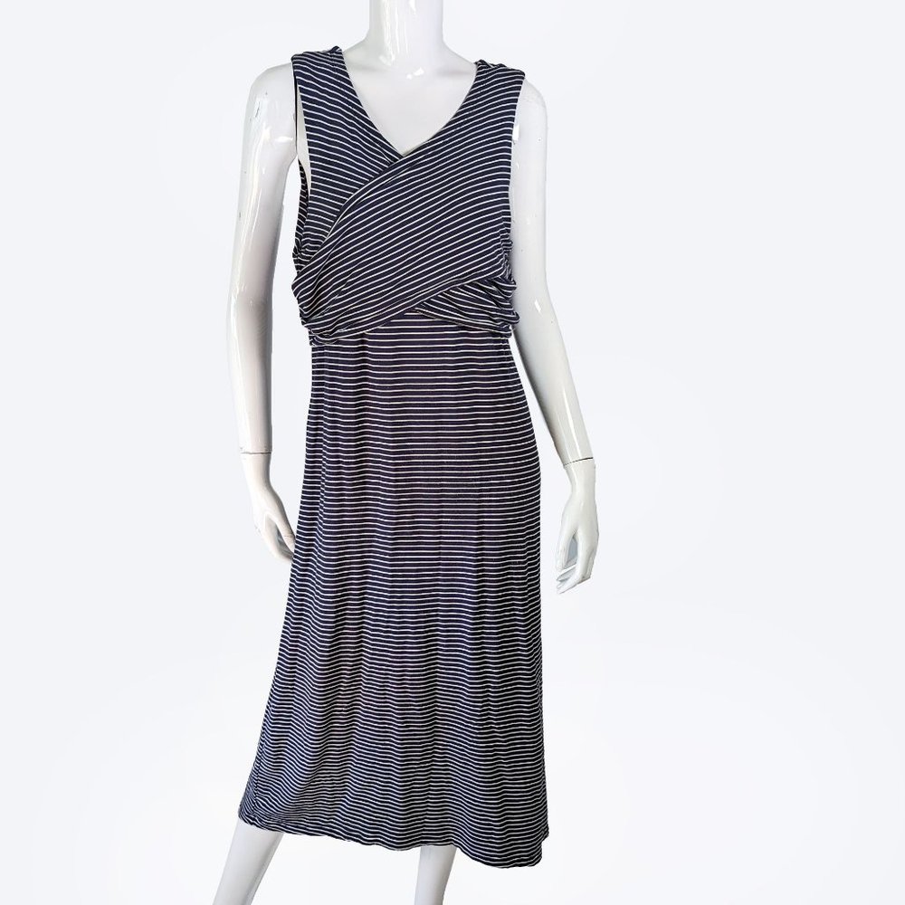 CAbi 5610 Launch Sleeveless High Low Midi Dress in Navy & White Stripes, L